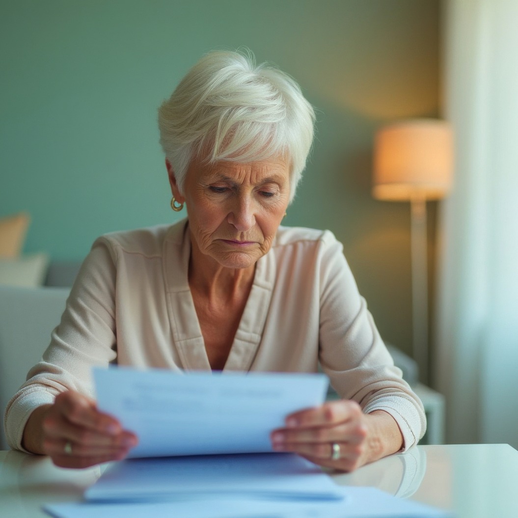 Besorgte ältere Frau, die an ihrem Schreibtisch Dokumente durchgeht und sich mit einem besorgten Gesichtsausdruck auf Papierkram und finanzielle Angelegenheiten konzentriert.